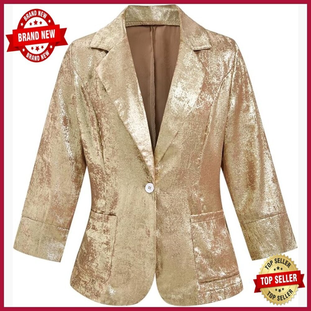 Women's 3/4 Sleeve Notched Lapel Blazer Shiny Party Jacket with Pockets